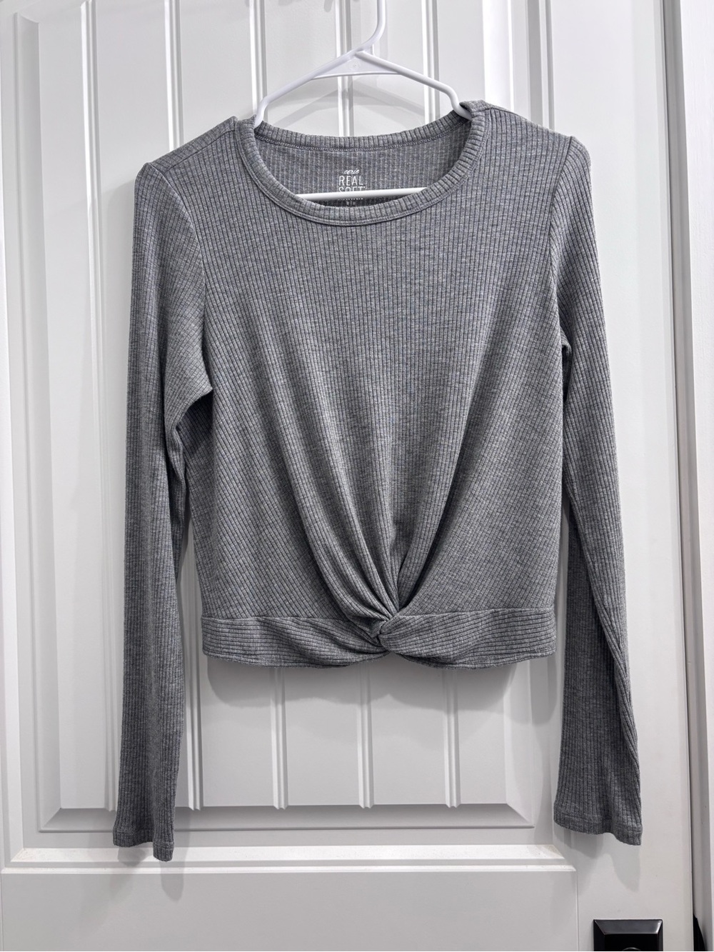 aerie Ribbed Long-Sleeve Twist Front Top - Gray